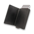 Black leather card holder, open showing inside of wallet