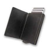 Black leather card holder, open showing inside of wallet