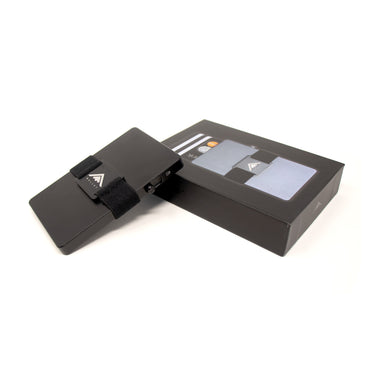 Photo showing the Tempest RFID Wallet with elasticated band and backplate inside a gift box