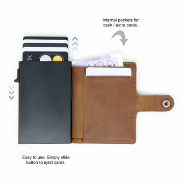 Diagram of the Raptor RFID Trifold Wallet showing the leather card holder open with money and cards inside