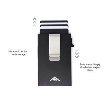 Diagram of the Raptor RFID Wallet with a stainless steel money clip showing key features