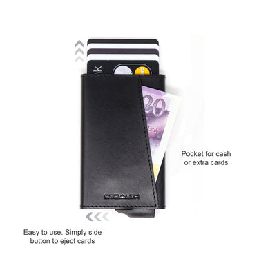 Diagram of the Wrapped Avenger RFID Wallet showing the key features on a white background