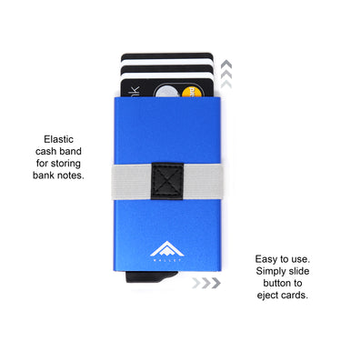 Diagram of a blue Raptor RFID Wallet with cash storage showing key features of the metal card holder