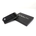 Photo showing the Raptor RFID Wallet with elasticated pockets next to a stealth wallets gift box