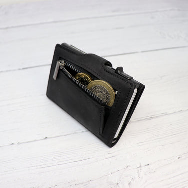 Photo of the coin pouch on a Raptor RFID Trifold Wallet