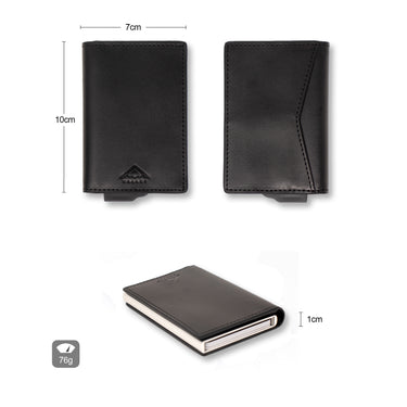 Diagram showing the front, back and side of a Raptor RFID Enhanced Bifold Wallet 