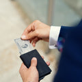 Photograph of a man in suit pulling out an american express card from the Avenger RFID Bifold Wallet 