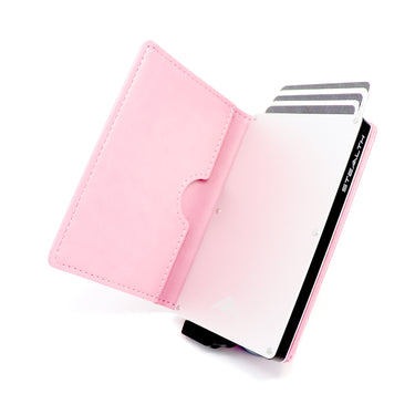 Picture of a pink Avenger RFID Bifold Wallet, the leather card holder is open showing the inside of the wallet