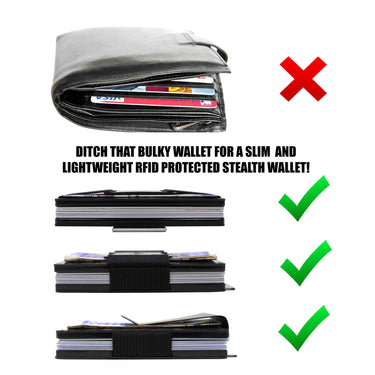 Picture showing how cards look in the Nighthawk RFID Card Holder compared to a normal wallet