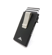 Photo of a black Raptor RFID Wallet with a stainless steel money clip on a white background