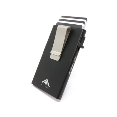 Photo of a black Raptor RFID Wallet with a stainless steel money clip on a white background