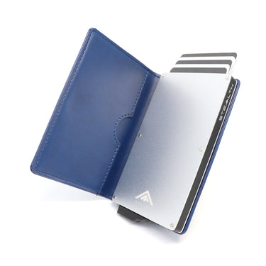 Product photograph of a blue Avenger RFID Bifold Wallet , the leather card holder is open in this picture