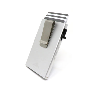 Photo of the Raptor RFID Wallet with a stainless steel money clip on a white background